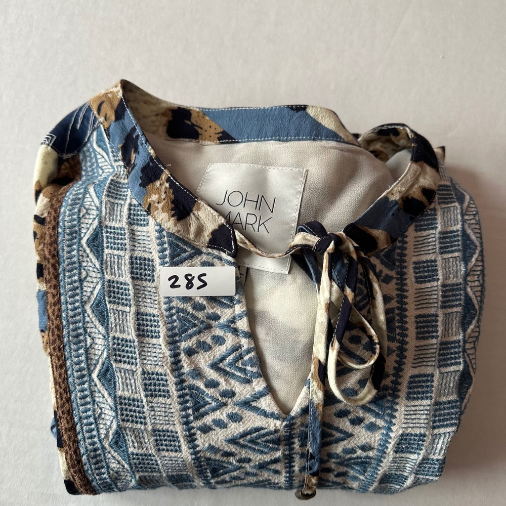 John Mark Leopard Print Embroidered Patchwork Blouse Blue Tan Medium - Picture 7 of 7